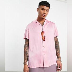 Pink satin men’s button up dress shirt Barbie color